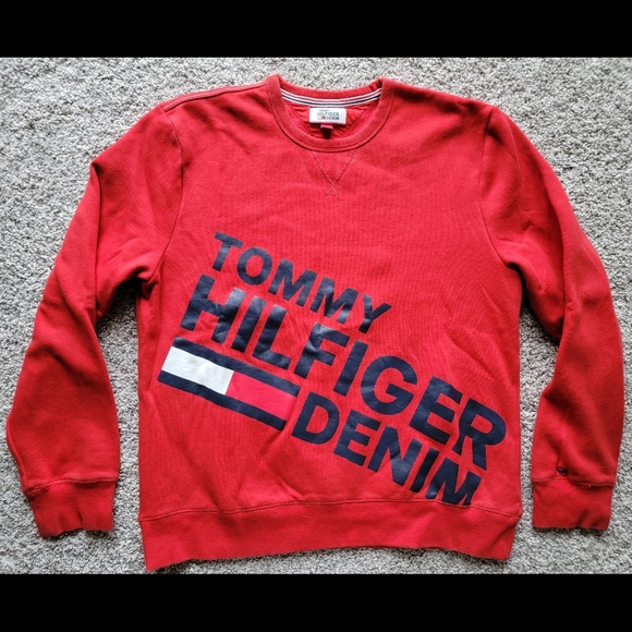 Tommy Hilfiger Denim Men's Large Red Crewneck Sweatshirt Y2K - Picture 1 of 6